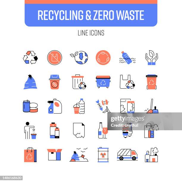 recycling and zero waste line icon set. pollution, ecology, global warming, sustainable lifestyle. - recycling bin icon stock illustrations