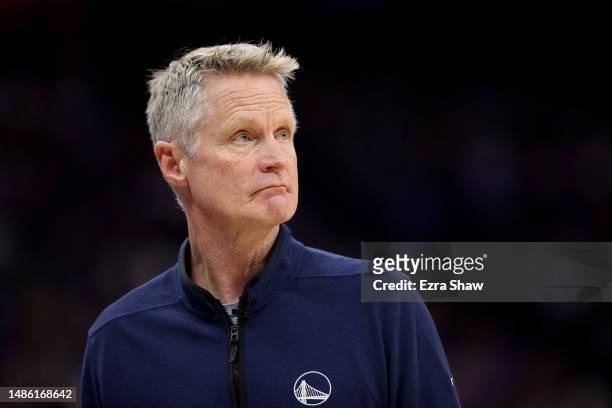 Golden State Warriors head coach Steve Kerr stands on the side of the court during Game Five of the Western Conference First Round Playoffs against...