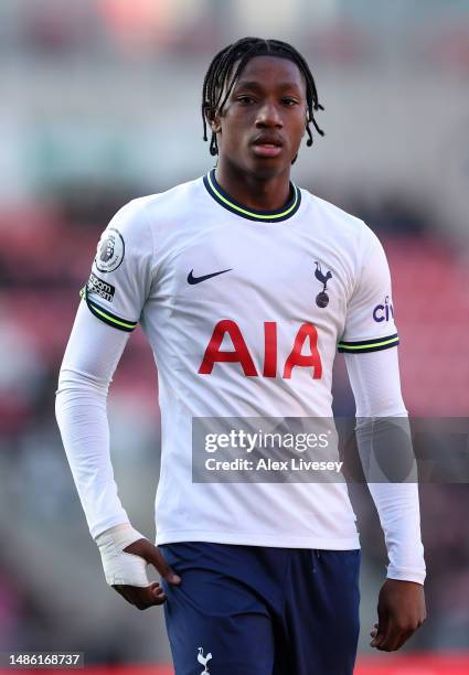 Romaine Mundle of Tottenham Hotspur U21 during the Premier League 2 match between Manchester United U21 and Tottenham Hotspur at Leigh Sports Village...