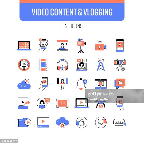 videoinhalte und vlogging-line-symbolsatz. youtuber, influencer, broadcasting, live-stream. - content stock-grafiken, -clipart, -cartoons und -symbole