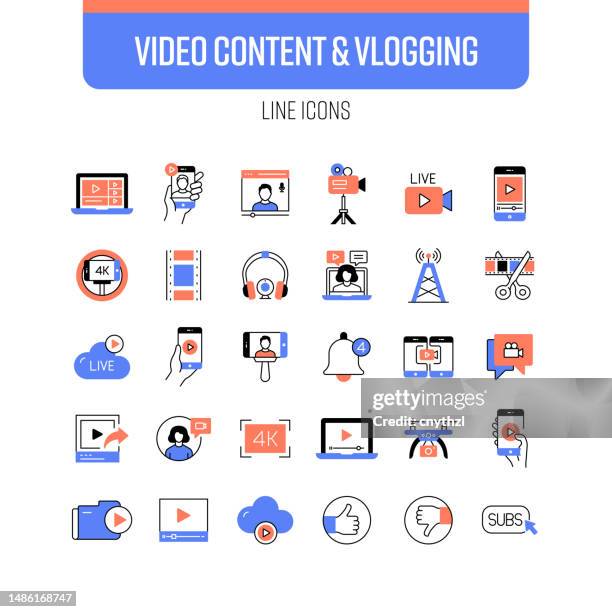 stockillustraties, clipart, cartoons en iconen met video content and vlogging line icon set. youtuber, influencer, broadcasting, live stream. - filmen