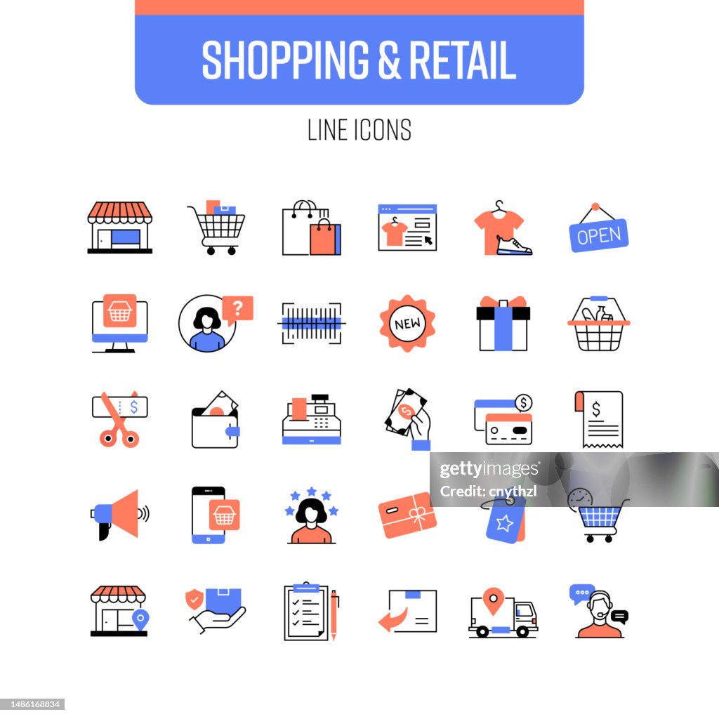 Set di icone della linea Shopping e Retail. Negozio, negozio, codice a barre, acquisto, pagamento.