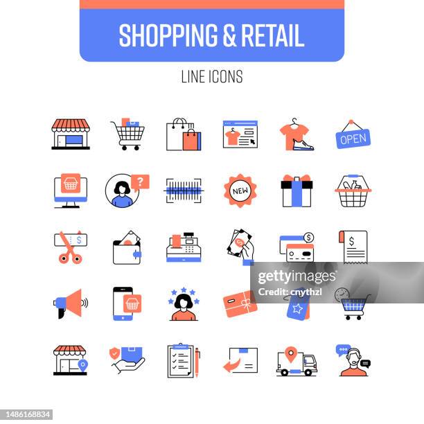 shopping and retail line icon set. store, shop, barcode, purchase, payment. - boutique stock illustrations stock illustrations