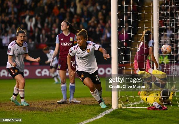 Nikita Parris of Manchester United celebrates after scoring the team's second goal during the FA Women's Super League match between Aston Villa and...