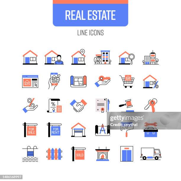 real estate line icon set. house, office, for sale, mortgage, interest rate, auction. - auction property stock illustrations