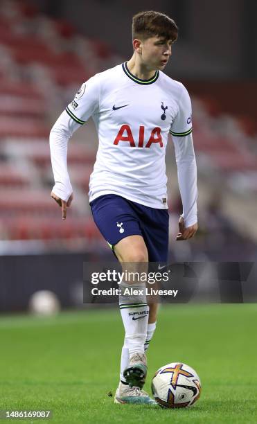 Mikey Moore of Tottenham Hotspur U21 during the Premier League 2 match between Manchester United U21 and Tottenham Hotspur at Leigh Sports Village on...