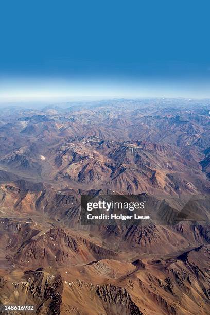 aerial of andes mountains from airplane at 39,000 feet elevation. - los andes mountain range in santiago de chile chile stock pictures, royalty-free photos & images