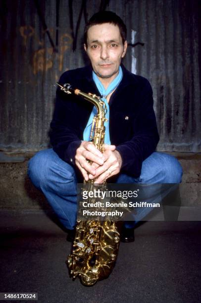 American alto saxophonist Art Pepper Jr. Poses for a portait with his saxophone in Los Angeles, California, January 1980.