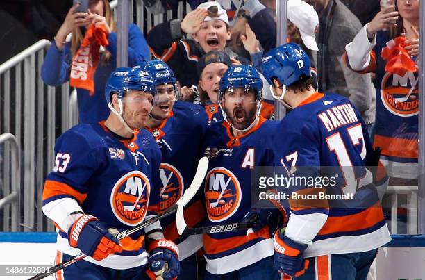 Cal Clutterbuck of the New York Islanders celebrates his first period goal against the Carolina Hurricanes in Game Six of the First Round of the 2023...