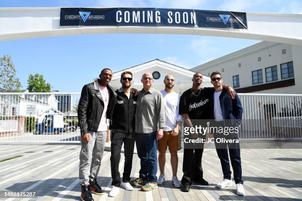 Laz Alonso, Antony Starr, Eric Kripke, Evan Goldberg, Jessie T. Usher, and Chace Crawford attend "The Boys" FYC Event at The Culver Studios on April...