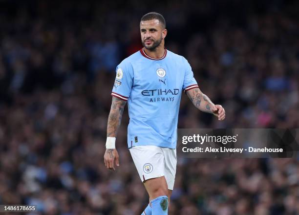 Kyle Walker of Manchester City during the Premier League match between Manchester City and Arsenal FC at Etihad Stadium on April 26, 2023 in...