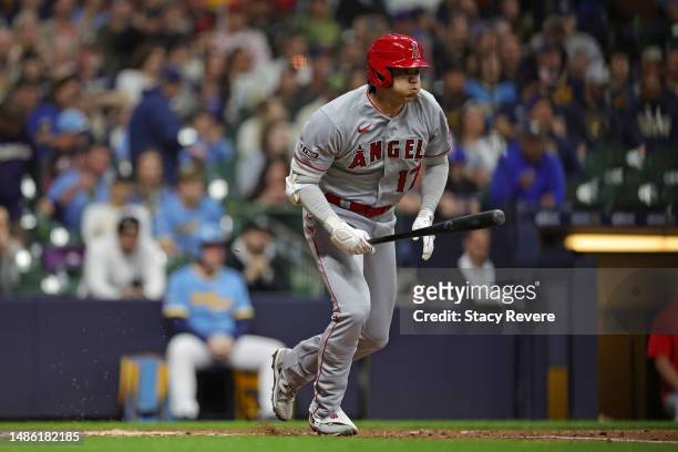 Shohei Ohtani of the Los Angeles Angels runs to first base during the fourth inning against the Milwaukee Brewers at American Family Field on April...