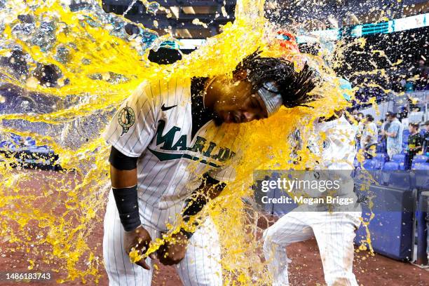 Jean Segura of the Miami Marlins is dunked with gatorade after defeating the Chicago Cubs at loanDepot park on April 28, 2023 in Miami, Florida.