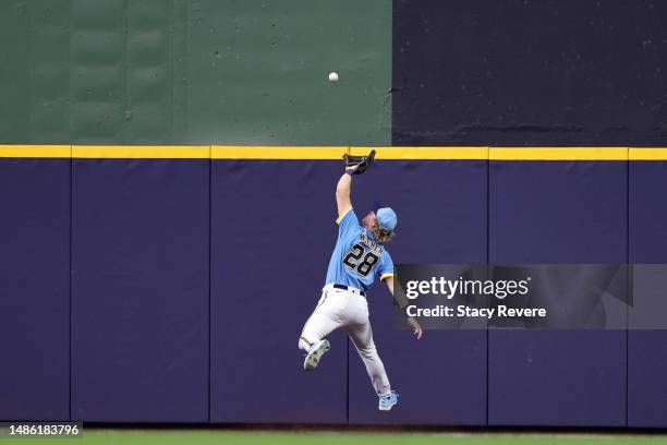 Joey Wiemer of the Milwaukee Brewers fields a fly ball during the fourth inning against the Los Angeles Angels at American Family Field on April 28,...