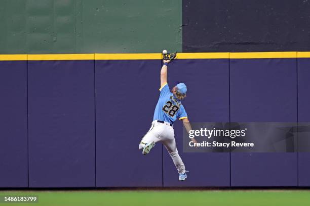 Joey Wiemer of the Milwaukee Brewers fields a fly ball during the fourth inning against the Los Angeles Angels at American Family Field on April 28,...