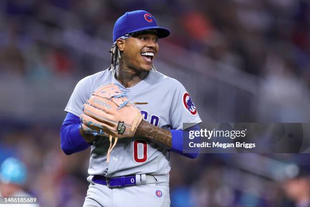 Marcus Stroman of the Chicago Cubs reacts during the sixth inning of the game against the Miami Marlins at loanDepot park on April 28, 2023 in Miami,...