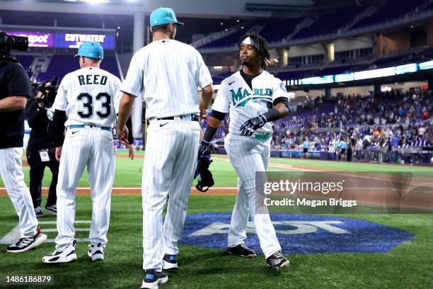 Jean Segura of the Miami Marlins walks off the field after defeating the Chicago Cubs at loanDepot park on April 28, 2023 in Miami, Florida.