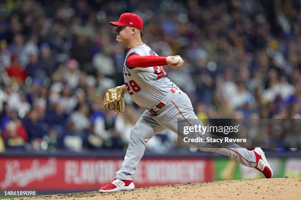 Aaron Loup of the Los Angeles Angels throws a pitch against the Milwaukee Brewers during the seventh inning at American Family Field on April 28,...