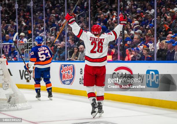 Paul Stastny of the Carolina Hurricanes celebrates after scoring the game-winning goal in overtime to defeat the New York Islanders in Game Six of...
