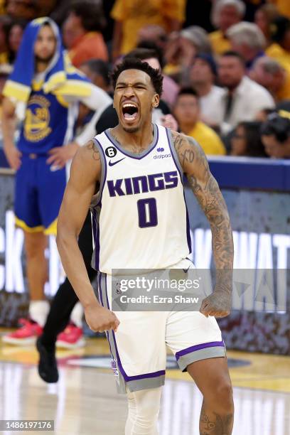 Malik Monk of the Sacramento Kings reacts after making a basket in the second half Game Six of the Western Conference First Round Playoffs against...