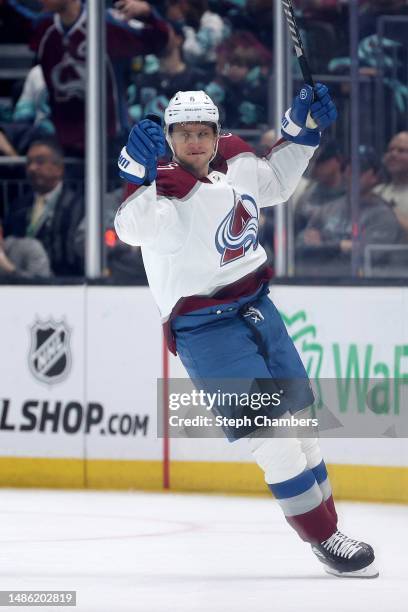 Erik Johnson of the Colorado Avalanche celebrates his gal against the Seattle Kraken during the second period in Game Six of the First Round of the...