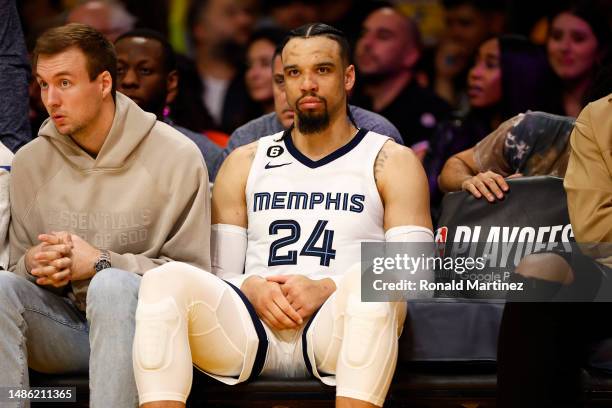 Dillon Brooks of the Memphis Grizzlies sits on the bench against the Los Angeles Lakers in the second half in Game Six of the Western Conference...