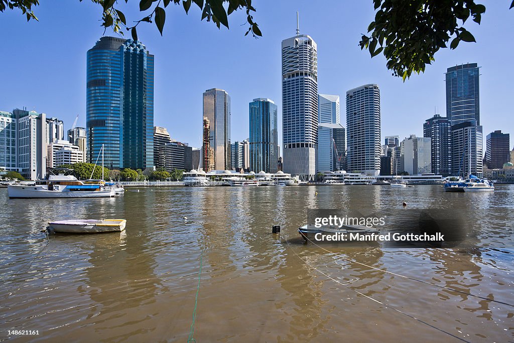 City skyline across Brisbane River.