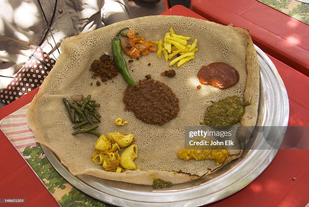 Ethiopian food platter of injera bread and wat.