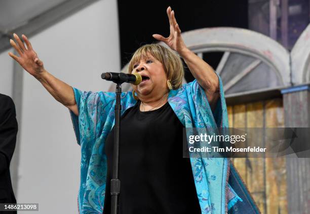 Mavis Staples performs during the 52nd annual New Orleans Jazz & Heritage festival at Fair Grounds Race Course on April 28, 2023 in New Orleans,...