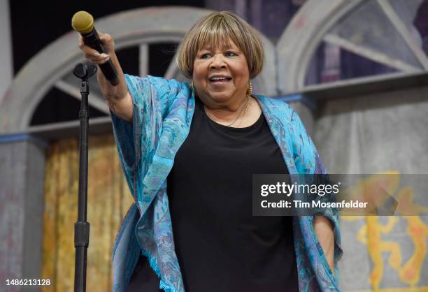 Mavis Staples performs during the 52nd annual New Orleans Jazz & Heritage festival at Fair Grounds Race Course on April 28, 2023 in New Orleans,...