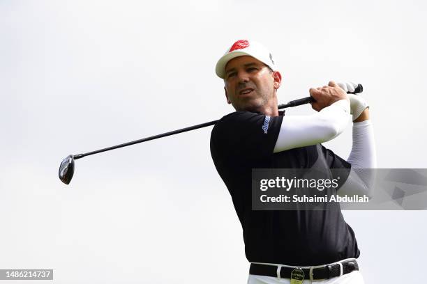 Sergio Garcia of Fireballs GC in action during day two of the LIV Golf Invitational - Singapore at Sentosa Golf Club on April 29, 2023 in Singapore.