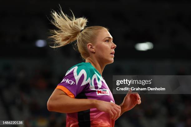 Kate Moloney of the Vixens warms up prior to the round seven Super Netball match between Melbourne Vixens and Queensland Firebirds at John Cain...