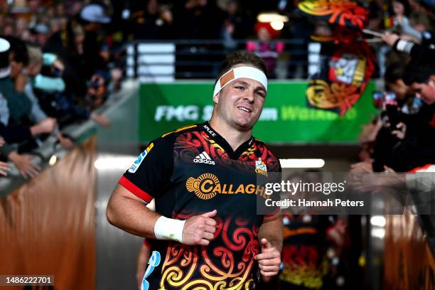 Sam Cane of the Chiefs takes to the field during the round 10 Super Rugby Pacific match between Chiefs and Crusaders at FMG Stadium Waikato, on April...