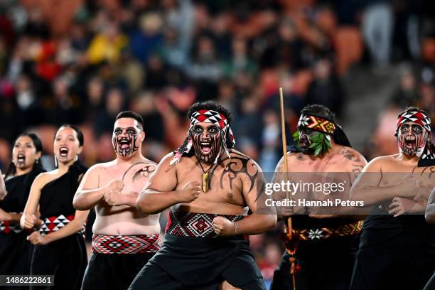 Cultural performance takes place ahead of the round 10 Super Rugby Pacific match between Chiefs and Crusaders at FMG Stadium Waikato, on April 29 in...