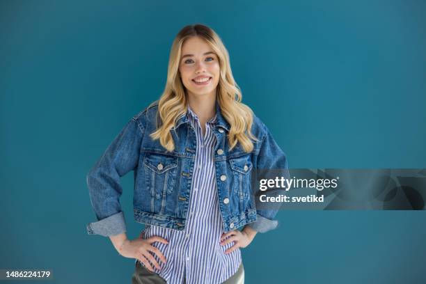 fashionable young woman - denim jacket mockup stock pictures, royalty-free photos & images