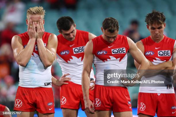 Isaac Heeney of the Swans and huis team mates look dejected after defeat during the round seven AFL match between Sydney Swans and Greater Western...