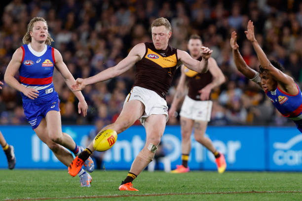 James Sicily of the Hawks kicks a goal during the round seven AFL match between Western Bulldogs and Hawthorn Hawks at Marvel Stadium, on April 29 in...