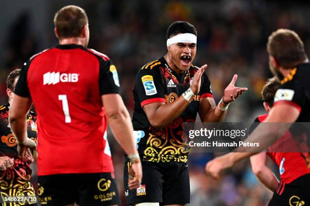 Tupou Vaa'i of the Chiefs celebrates a penalty during the round 10 Super Rugby Pacific match between Chiefs and Crusaders at FMG Stadium Waikato, on...