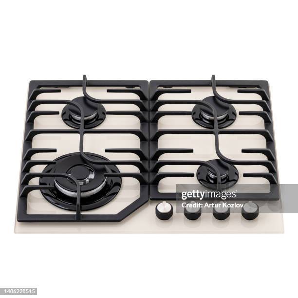 white countertop gas stove with four burners. appliances for kitchen. appliances. food equipment. kitchen design. interior design. top view. isolate on white background. copy space - burner stove top 個照片及圖片檔