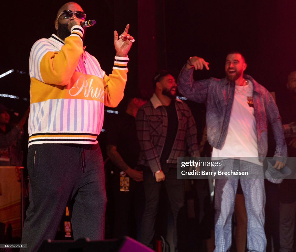Rick Ross and Travis Kelce during the Kelce Jam at Azura Amphitheatre