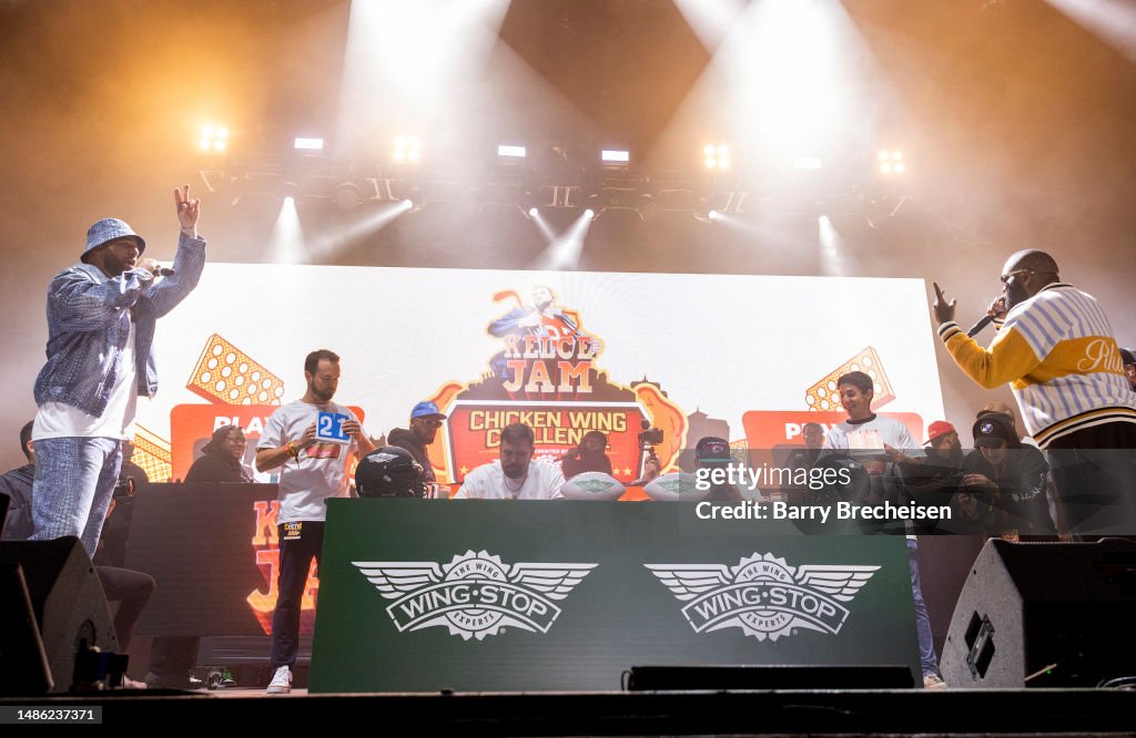 Travis Kelce and Rick Ross during the Kelce Jam at Azura Amphitheatre
