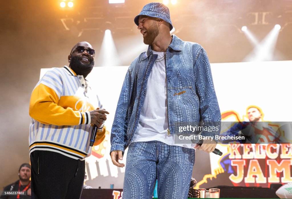 Rick Ross and Travis Kelce during the Kelce Jam at Azura Amphitheatre