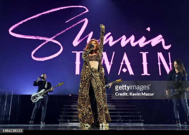 Shania Twain performs onstage during the Shania Twain 'Queen of Me' Global Tour Opener at Spokane Arena on April 28, 2023 in Spokane, Washington.