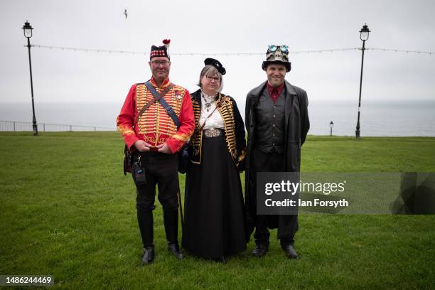 Nigel Bilsby , Natalie Bilsby from Manchester and Terry Cheetham from South Shields pose for a picture as they attend during the Whitby Goth Weekend...