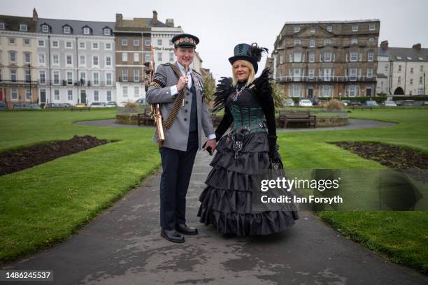 Dave Sheridan and Jan Franklin from Derbyshire pose for a picture as they attend during the Whitby Goth Weekend on April 29, 2023 in Whitby, England....