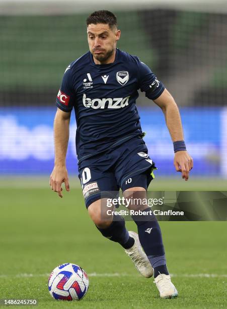 Bruno Fornaroli of the Victory runs with the ball during the round 26 A-League Men's match between Melbourne Victory and Brisbane Roar at AAMI Park,...