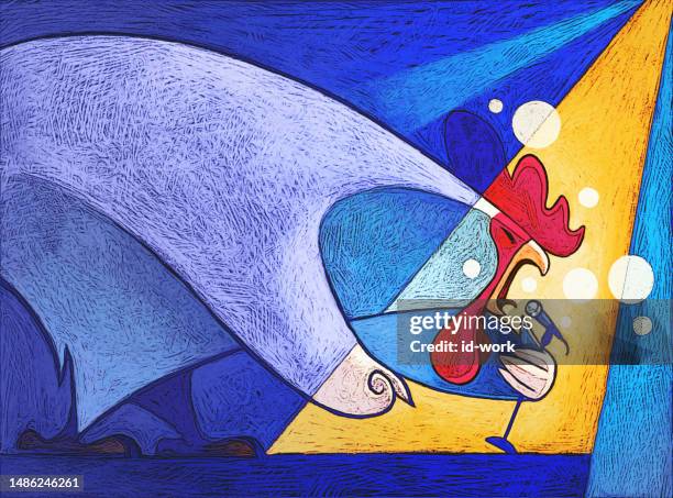 rooster holding microphone and singing - wake up funny stock illustrations