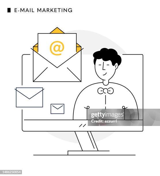 ilustraciones, imágenes clip art, dibujos animados e iconos de stock de involucre a sus clientes con el marketing por correo electrónico - at symbol