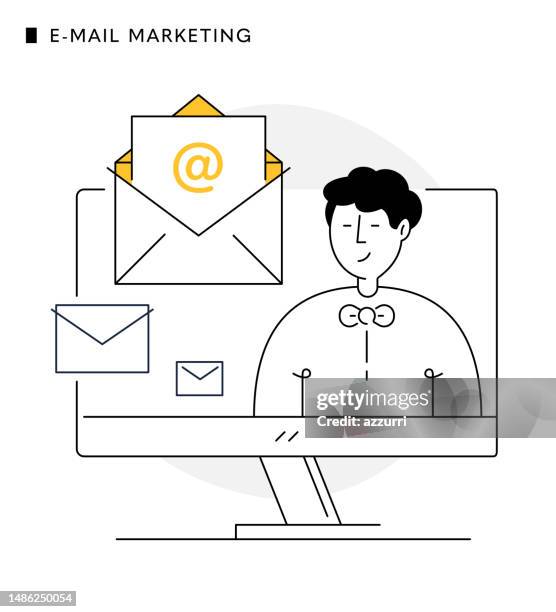 illustrazioni stock, clip art, cartoni animati e icone di tendenza di coinvolgi i tuoi clienti con l'email marketing - at symbol