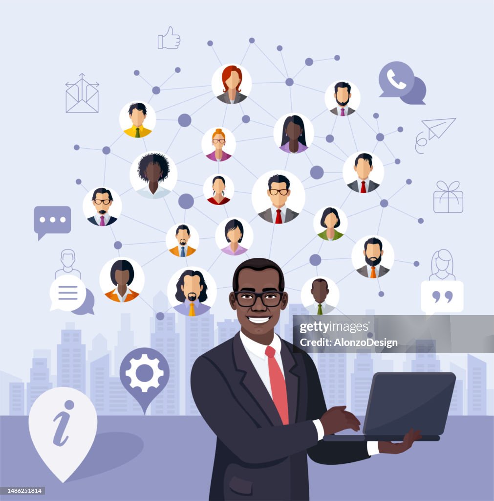 African American Businessman working online. Social network concept. Connection on cloud technology network.